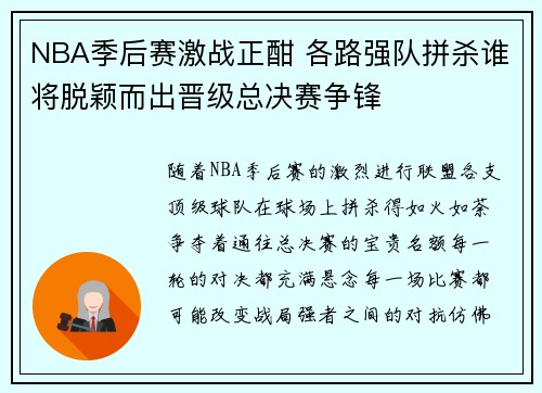 NBA季后赛激战正酣 各路强队拼杀谁将脱颖而出晋级总决赛争锋