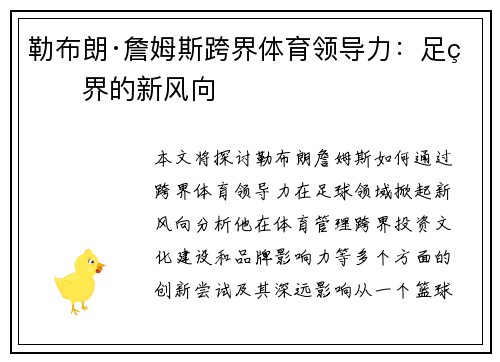 勒布朗·詹姆斯跨界体育领导力：足球界的新风向